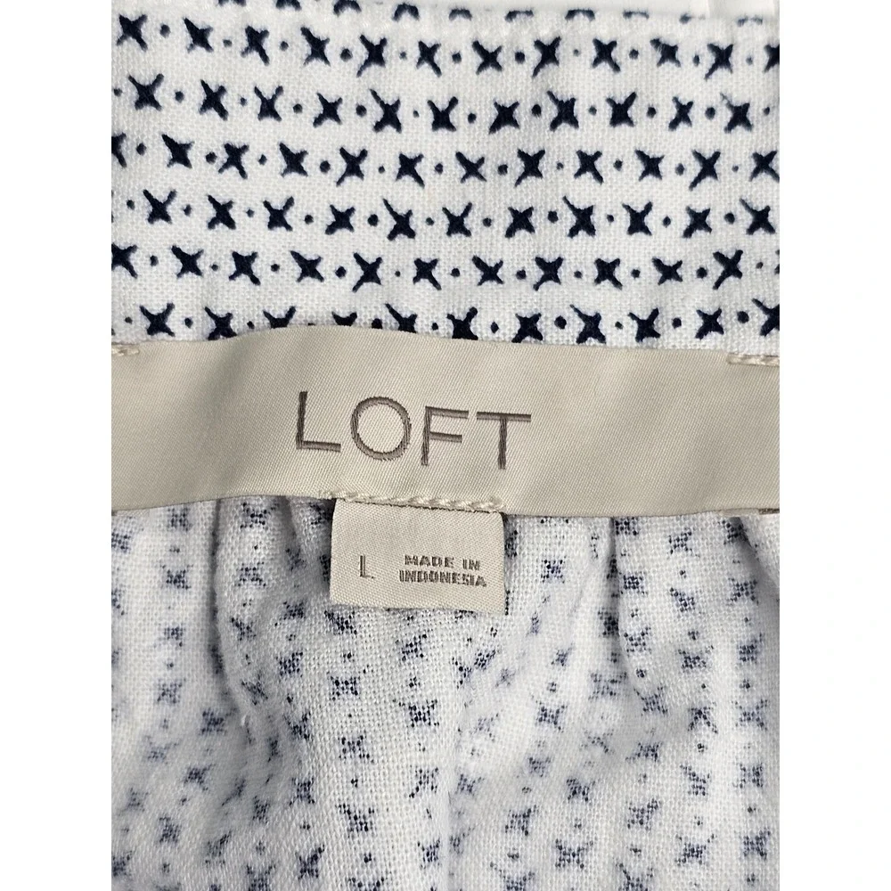 LOFT Peasant Style Blouse Cream Black Starburst Print Linen Blend Women's Large